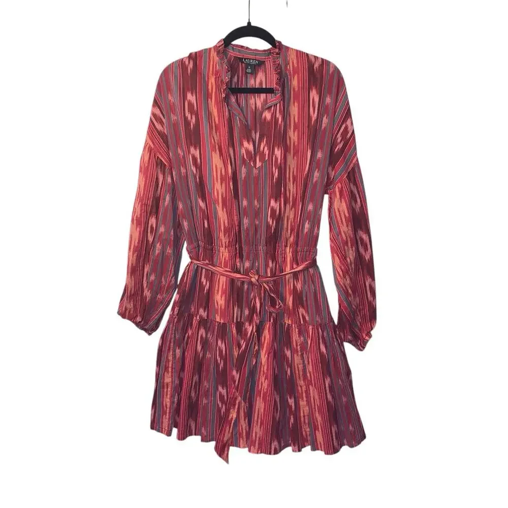 Lauren Ralph Lauren Geo Striped Belted Cotton Voile Ikat Dress SZ. 12 - Picture 6 of 11